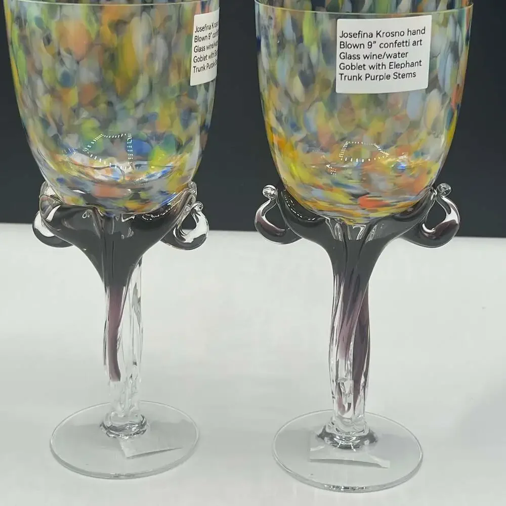 Jozefina Krosno Poland Wine Set of 2 Glass Goblets Multi Color Confetti  9